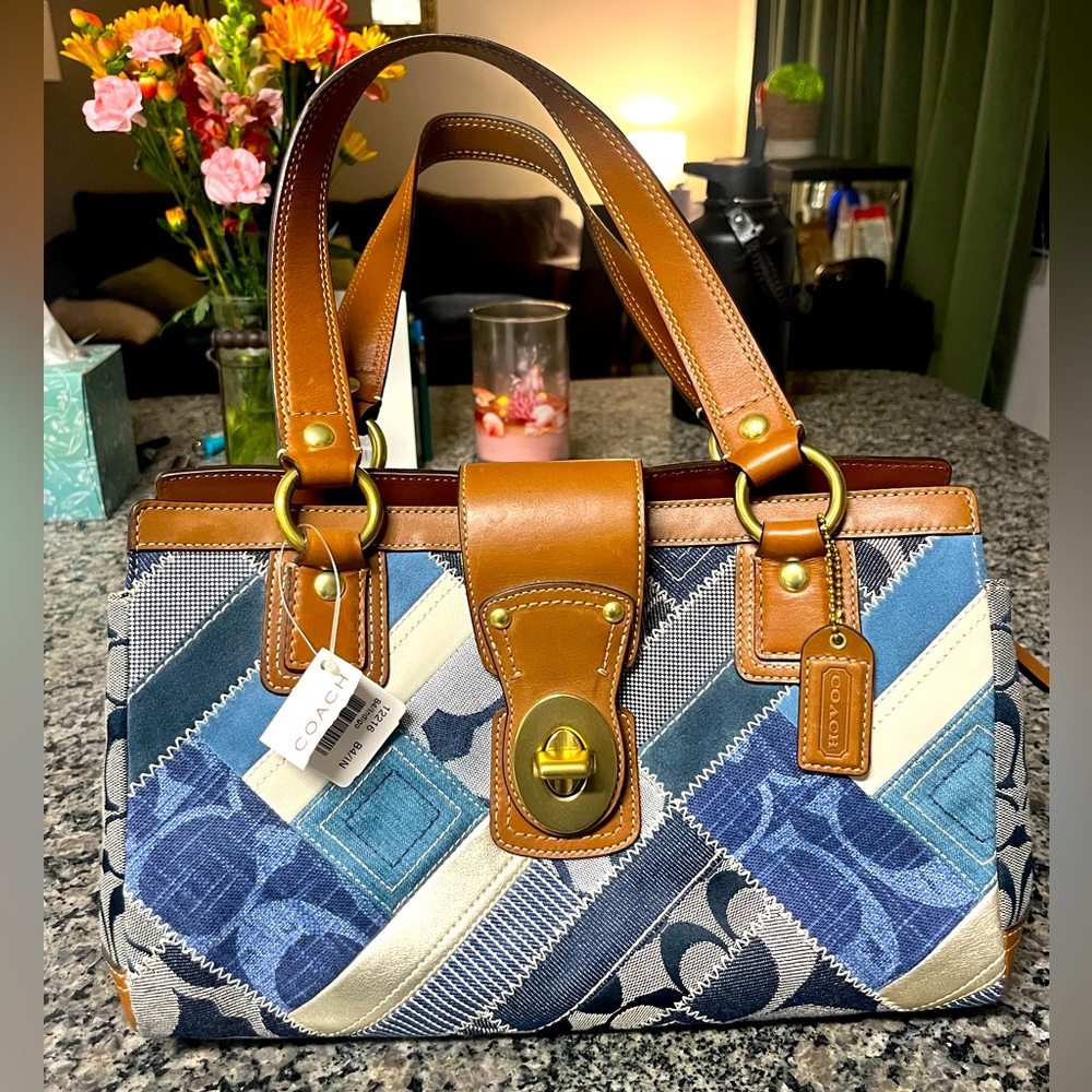 Coach Patchwork Denim Satchel with Saddle Brown Leather Trim